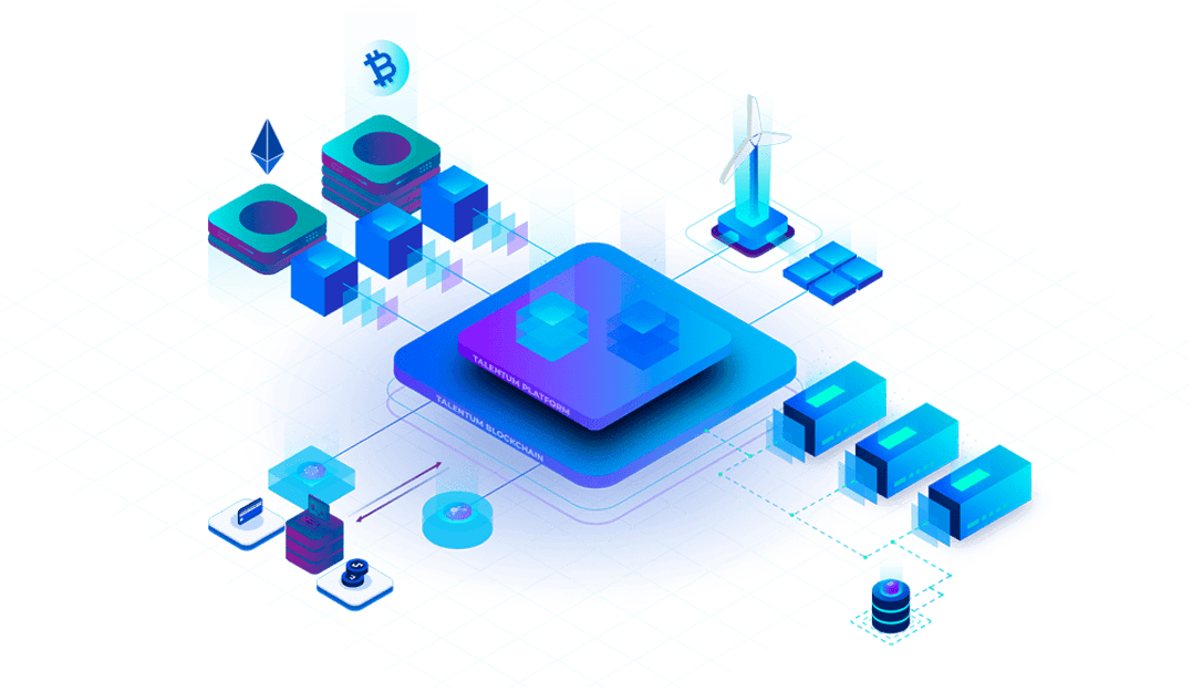 Isometric illustration of the Talentum platform and blockchain — mining hardware, wind turbines, datacenter modules and crypto symbols connected to the central chip.